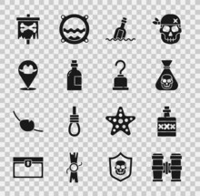 Set Binoculars, Alcohol Drink Rum, Pirate Coin, Bottle With Message Water, Location Pirate, Flag And Hook Icon. Vector