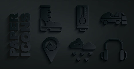 Sticker - Set Cloud with snow, Ice resurfacer, Location mountain, Winter headphones, Meteorology thermometer and Waterproof rubber boot icon. Vector