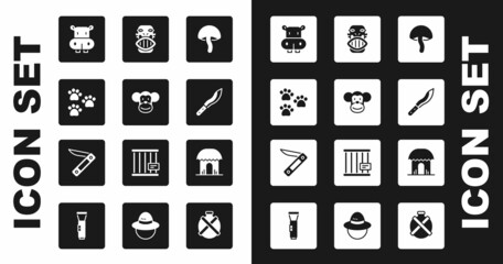 Poster - Set Mushroom, Monkey, Paw print, Hippo or Hippopotamus, Machete, Mexican mayan aztec mask, African hut and Swiss army knife icon. Vector