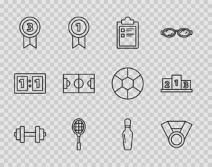 Sticker - Set line Dumbbell, Medal, Sport training program, Tennis racket, Football soccer field, Bowling pin and Award over sports winner podium icon. Vector