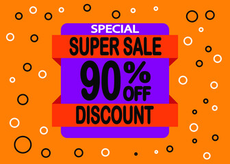 Colorful sale banner discount 90 percent off. Advertising discount banner. Hot offer coupon.