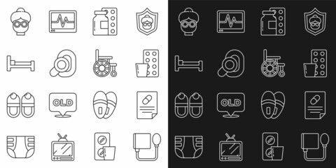 Sticker - Set line Blood pressure, Medical prescription, Pills in blister pack, Hearing aid, Bed, Grandmother and Wheelchair icon. Vector