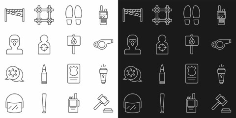 Sticker - Set line Judge gavel, Flashlight, Whistle, Footsteps, Human target sport for shooting, Thief mask, Crime scene and Protest icon. Vector