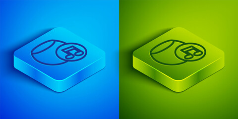 Poster - Isometric line Voice assistant icon isolated on blue and green background. Voice control user interface smart speaker. Square button. Vector