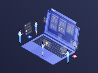 Poster - Business Workflow Isometric Illustration Dark Gradient. Suitable for Mobile App, Website, Banner, Diagrams, Infographics, and Other Graphic Assets.