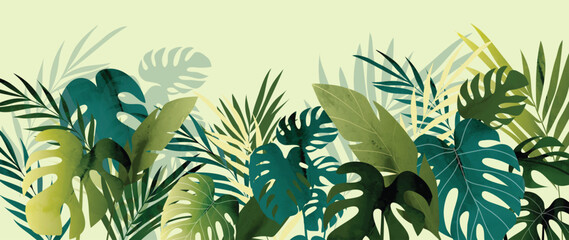 Wall Mural - abstract foliage and botanical background. green tropical forest wallpaper of monstera leaves, palm,