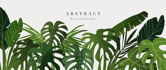 Wall Mural - Abstract foliage and botanical background. Green tropical forest wallpaper of monstera leaves, palm, branches in hand drawn pattern. Exotic plants background for banner, prints, decor, wall art.