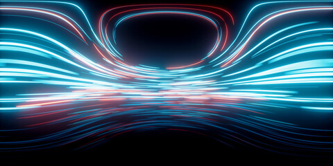 Poster - glowing round illuminated lines with motion blur, 3d rendering. 360-degree seamless panoramic view.