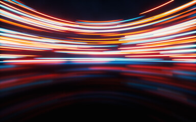 Poster - Glowing round illuminated lines with motion blur, 3d rendering.