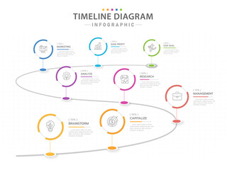 Wall Mural - Infographic template for business. 8 Steps Modern Timeline diagram with circles, presentation vector infographic.