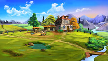 Country House With Farm Against The Mountains 01