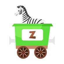 Letter Z, Zebra. Cute Animal In Colorful Alphabet Train. Vector Illustration Of Learning Toy For Preschool Children. Cartoon Animals Sitting In Transport