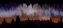 Volcanic Underground Cave With Hot Lava, Rocks, Stalactites And Stalagmites Silhouette Vector Illustration. The Magma Cavern Inside The Realistic Fog Clouds Hand Drawn Scenery Background.