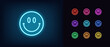 Outline neon smiling emoji icon. Glowing neon happy emoticon with smile and big eyes, happy face pictogram