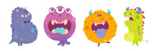 Cute Monster Characters Set, Alien Animals With Funny Faces, Beast With Tongue And Horns