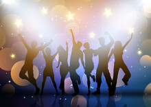 Silhouettes Of Party People Dancing On Lights And Stars Background