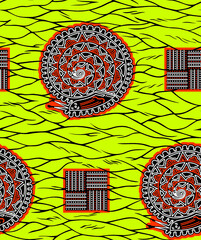 3D rendering of colorful African wax print fabric with ethnic overlap ornament