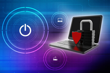 Poster - laptop with shield. Isolated 3d rendering image
