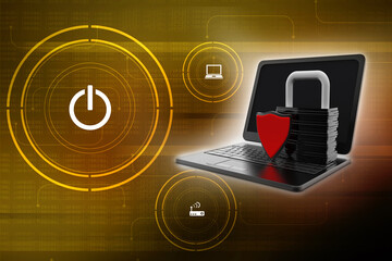 Poster - laptop with shield. Isolated 3d rendering image