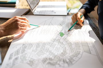 Poster - Human Hand Holding Pencil Over Cadastre Map