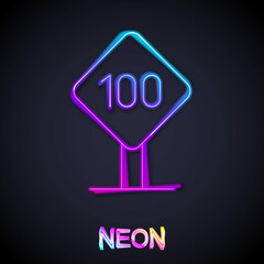 Poster - Glowing neon line Speed limit traffic sign 100 km icon isolated on black background. Vector