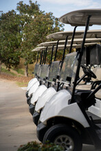 Selective Focus Shot Of Parked Golf Carts