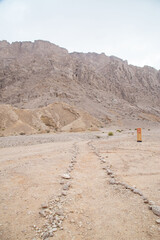 Wall Mural - desert path with mountains and valleys dry out of focus with grain