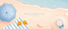 Beautiful Horizontal Banner Design Template With Realistic Summer Elements On A Beach Background. Vector Illustration