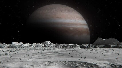 Wall Mural - footage of jupiter in an outer space seen from the moon with small rocks