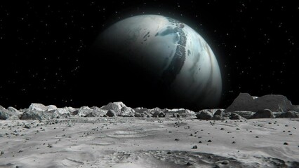 Wall Mural - footage of a space planet in the galaxy seen from the moon with small rocks