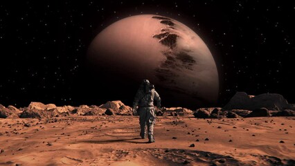 Canvas Print - Footage of a brave astronaut in a suit confidently walking on Mars toward a space planet