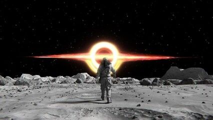 Wall Mural - footage of a brave astronaut in a space confidently walking toward a supermassive black hole