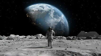 footage of a brave astronaut in a suit confidently walking on the moon toward planet earth