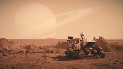 Wall Mural - footage of nasa's mars rover traveling across the surface of mars towards saturn