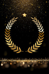 gold laurel wreath, stars and falling glitter, realistic award, golden confetti rain