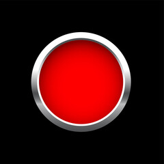 Poster - Red button in round silver frame vector illustration. 3d realistic shiny metal circle ring on push click button for website, abstract badge element design isolated on black background