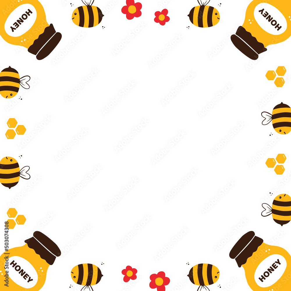 Vector card template, frame, border with cute cartoon style honey jars ...