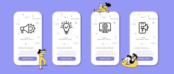 Infographic set icon. Loudspeaker, lamp, monitor with a planet, phone with a mouthpiece. UI phone app screens with people. Vector line icon for Business and Advertising