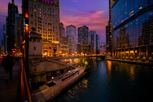 Chicago Downtown And Chicago River At Night, USA