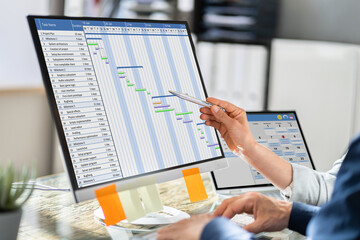 Poster - Businesspeople Analyzing Gantt Chart And Calendar On Computer