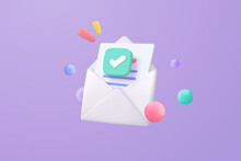 3d Mail Envelope Icon With Notification New Message On Purple Background. Minimal Email Letter With Letter Paper Read Icon. Message Concept 3d Vector Render Isolated Pastel Background