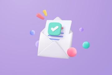 3d mail envelope icon with notification new message on purple background. minimal email letter with 