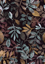 Watercolor Hand Painted Leaves And Branches. Seamless Pattern On A Dark Background.