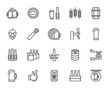 Vector Set Of Beer Line Icons. Contains Icons Pint, Hops, Malt, Brewery, Beer Mug, Keg, Draft Beer And More. Pixel Perfect.