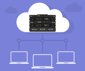 Aufkleber - Data Hosting Servers connected to Cloud. Cloud Data storage. Data storage network technology. Online cloud computing. Server cabinets. Memory and information transfer. Security and protection