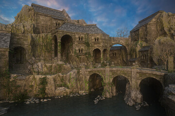 Poster - Fantasy medieval castle built into a mountain gorge with bridge over a river. 3D illustration.