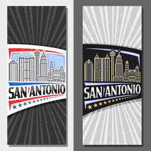 Vector Vertical Banners For San Antonio, Decorative Invitation With Illustration Of Texan City Scape On Day And Dusk Sky Background, Art Design Tourist Card With Unique Lettering For Words San Antonio