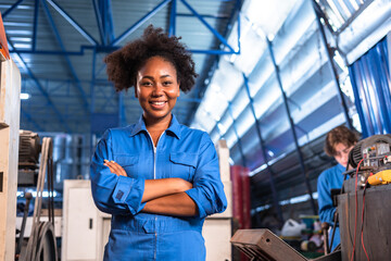 Wall Mural - Engineer african woman wearing safety helmet working and checking machine  automotive part warehouse factory.Happy female  worker looking at the camera.