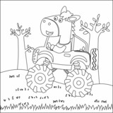 Fototapeta Dinusie - Cute little horse driving a monster car go to forest funny animal cartoon, Cartoon isolated vector illustration, Creative vector Childish design for kids activity colouring book or page.