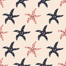 Colorful Starfish Hand Drawn Vector Illustration. Underwater Life Seamless Pattern For Kids Fabric.